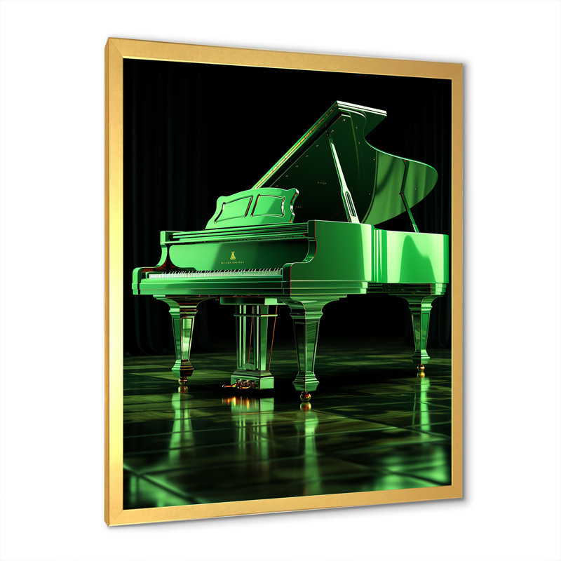 Green Grand Piano Elegance - Piano, art mural, Cadre doré simple, H 20 po x l 12 po x P 1 po