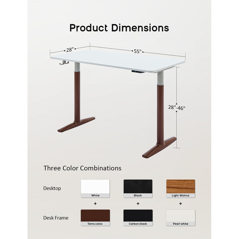 Electric Height Adjustable Standing Desk with Round Tube Column, 46" H x 55" W x 28" D, White/Red