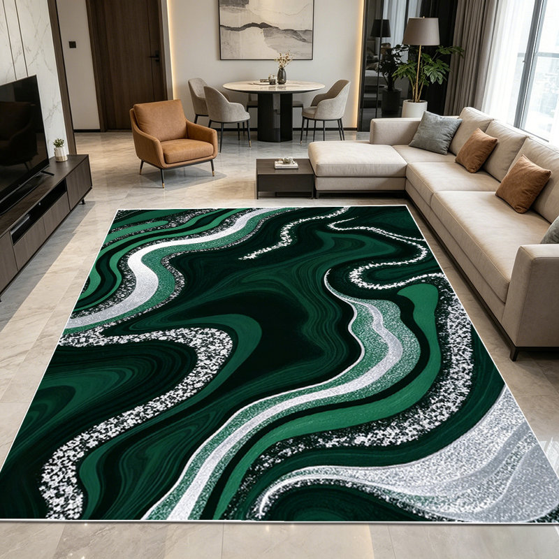 1PC Dark Green Silver Glitter Fluid Marbled Swirl Agate area rugs for Living Room, Soft, All seasons, Easy-maintain, Washable Indoor mat, Farmhouse suitable for for dining room, bedroom, entryway...