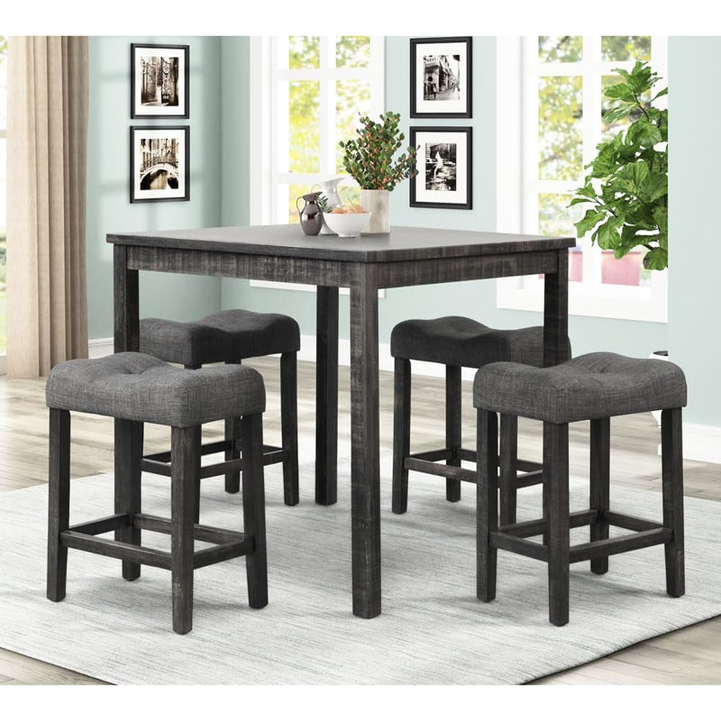 5 pièces de comptoir gris anthracite pour salle à manger: table carrée en bois d'ingénierie de 36 pouces et 4 tabourets en mélange de lin de hauteur, 4 places, installation facile et rapide avec design transitionnel, bois franc, sièges rembourrés en lin,