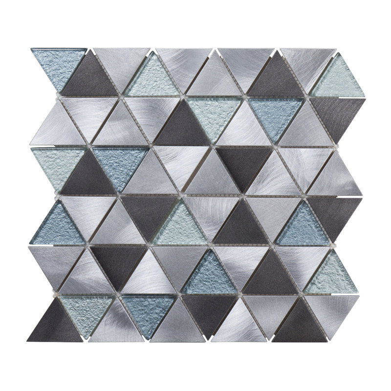 Black Gray Modern Pattern Metal Aluminum Crystal Glass Blended Triangle Mosaic Sheet Tile By Modket, Gray/Metallic