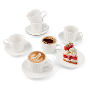 Ensemble de 6 tasses à café et soucoupes à grain vertical espresso, tasses en céramique pour le café, espresso, double coup, latte et macchiato, ensemble de tasses à demitasse, blanc (100 ml) (Ensemble de 12)