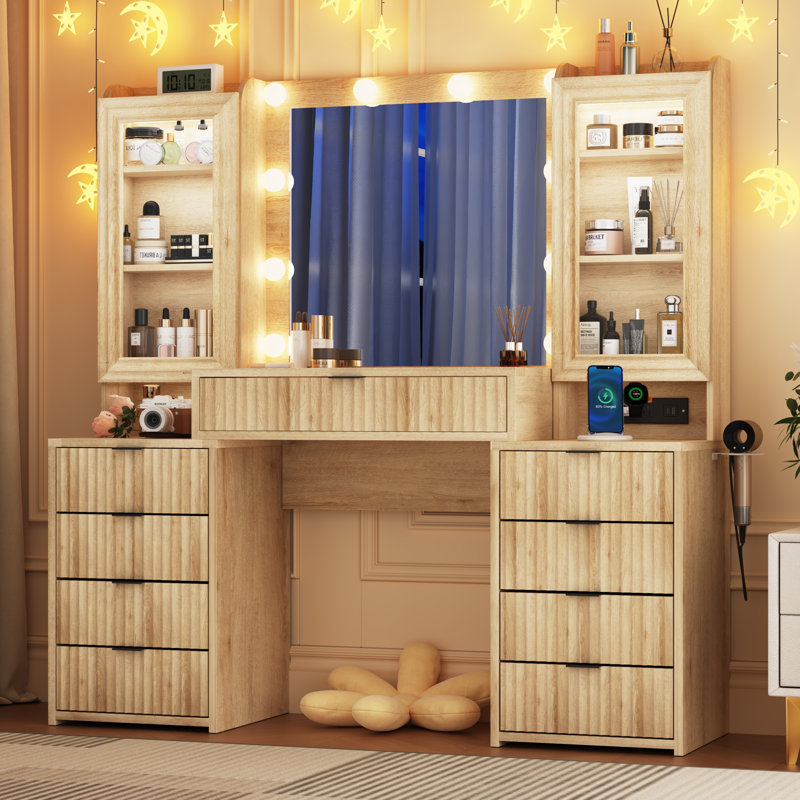 Meuble-lavabo cannelé de 55 po avec miroir et lumières, coiffeuse avec prise de courant et 9 tiroirs 2 armoires, Jaune