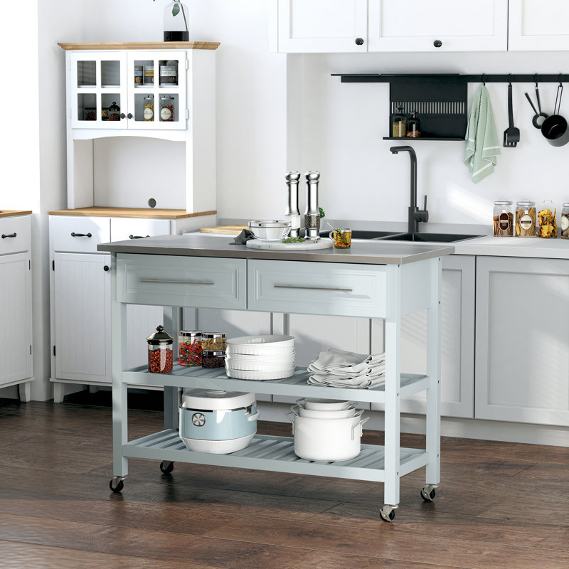 Îlot de cuisine avec plateau en acier inoxydable, îlot de cuisine traditionnel avec rangement, tablettes ouvertes à 2 niveaux