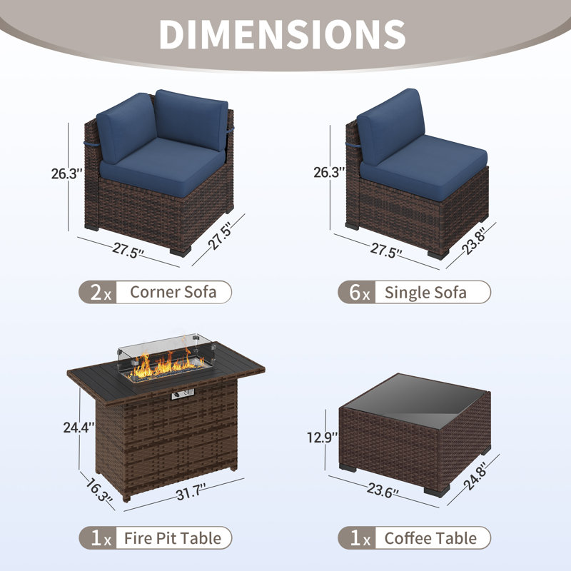 Dinyu Wicker - Person Modular Patio Conversation Set with Cushions, Navy, 8