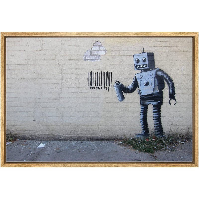 Banksy Robot Spray, peinture à code-barres sur toile, H 16 po x l 24 po x P 1,5 po, Cadre naturel flottant