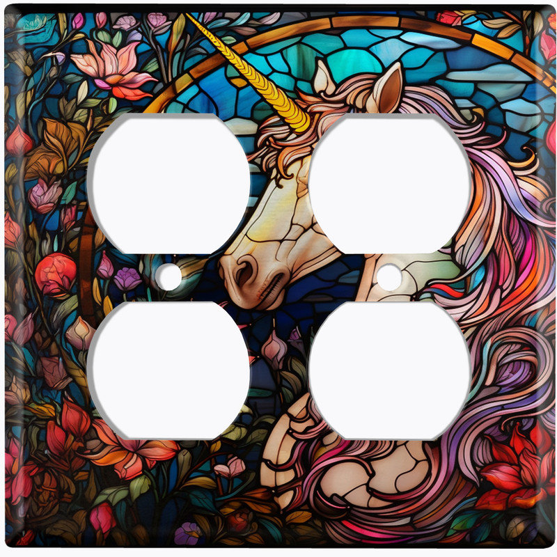 Couvercle de plaque d'interrupteur en métal; Impression de vitrail de licorne standard américain à 4 bandes - Licorne