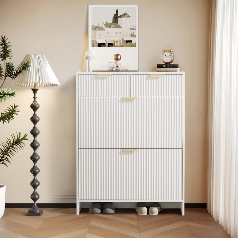Armoire à chaussures mince cannelée avec 2 tiroirs et 2 compartiments rabattables, tablettes réglables, rangement pour chaussures étroit