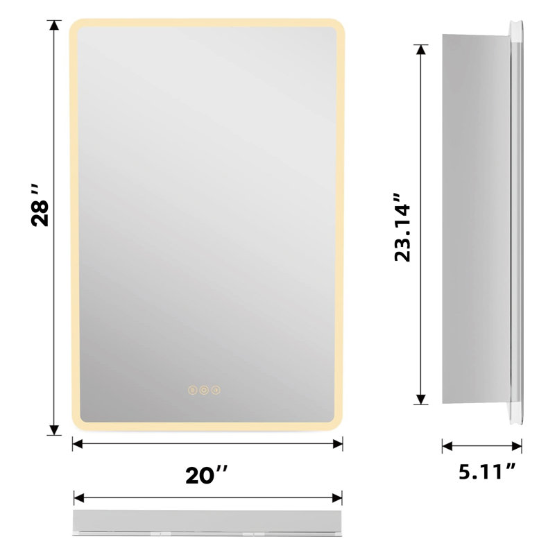 Horatius 20'' W x 28'' H LED Medicine Cabinet with Mirror, ETL Listed, Dimmable Lights, Anti-Fog Defogger, Adjustable Shelves, Extra-Large Storage, Rounded Edge, Recessed or Surface Mount, Frameless Design