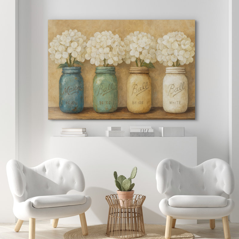 «Farmhouse Hydrangeas in Rustic Mason Jars», reproduction d'art sur toile encadrée, Toile tendue