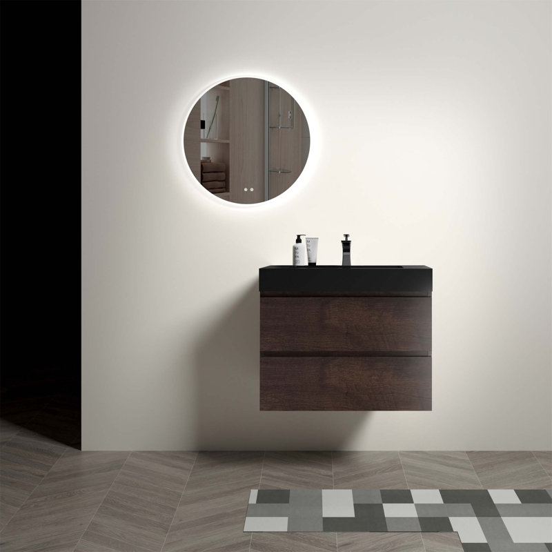 Meuble-lavabo mural flottant avec lavabo et rangement, Brun, Noir