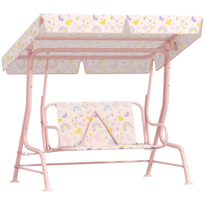 Banc de balançoire pour enfants avec balançoire 2 places avec auvent réglable, ceinture de sécurité pour patio, jardin, bord de piscine, balcon, rose Kids