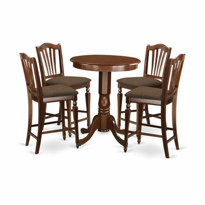 5 Piece Counter Height Dining Set Includes a Round Dining Table with Pedestal and 4 Linen Fabric Kitchen Chairs, Mahogany