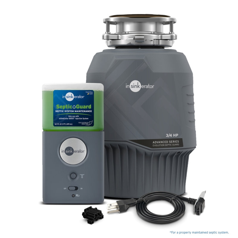 Système InSinkErator Evolution avec protection septique et cordon d'alimentation, broyeur à déchets de 0,75 CV, broyeur à déchets alimentaires à alimentation continue Advanced Series EZ Connect et système INSINKERATOR BOOST avec protection septique