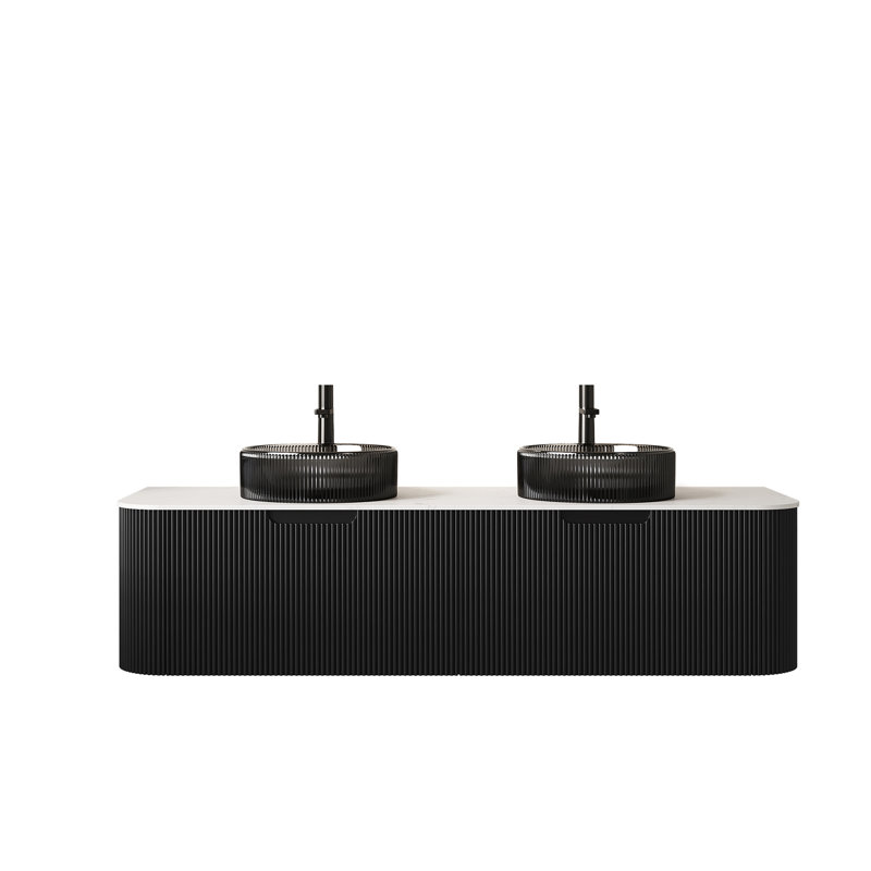 Meuble-lavabo de 60 po avec 2 lavabos ronds en verre noir transparent, armoire de rangement, tiroirs, pré-assemblé, noir, finition rayée 3D, éviers à tiroir lisse, structure d'armoire stable