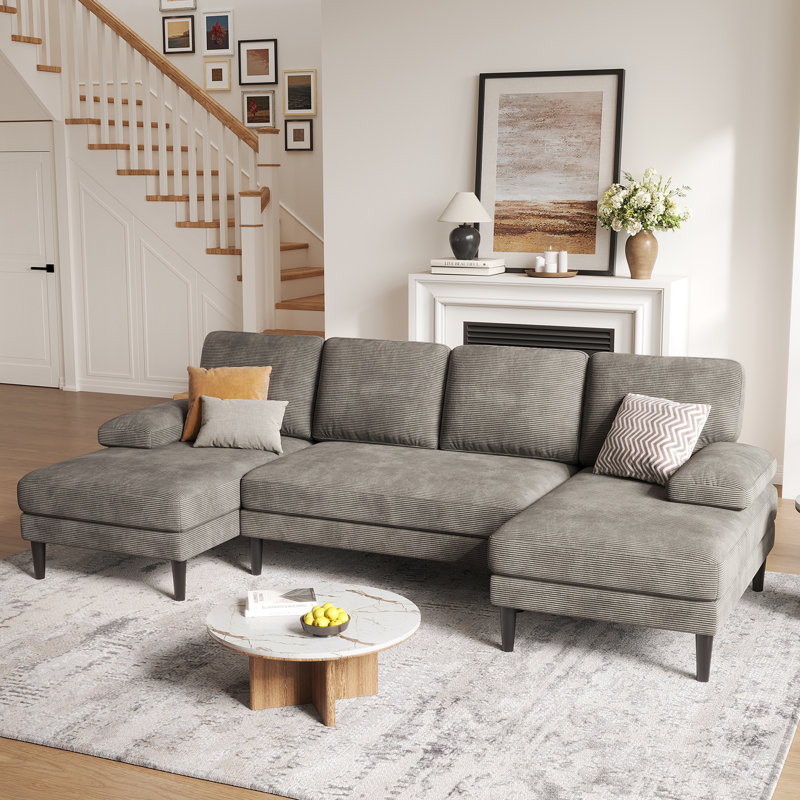 110" U-Shaped Sectional Sofa with Double Chaises, 4-Seat Couch with Deep Seat for Apartment Living Room, Light Gray Corduroy