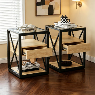 Ensemble de 2 tables de bout modernes avec tiroir - Tables de chevet pour chambre à coucher et salon, panneau de fibres à densité moyenne en bois naturel et plateau en verre trempé, style industriel