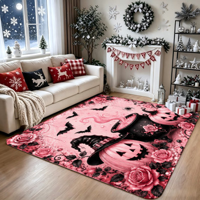 Tapis de citrouille d'Halloween, conception de chapeau de sorcière, motif rose effrayant, décor de chauve-souris, tapis de sol d'intérieur pour le salon, la chambre à coucher, le couloir, le bureau personnel et décoration extérieure pour la maison