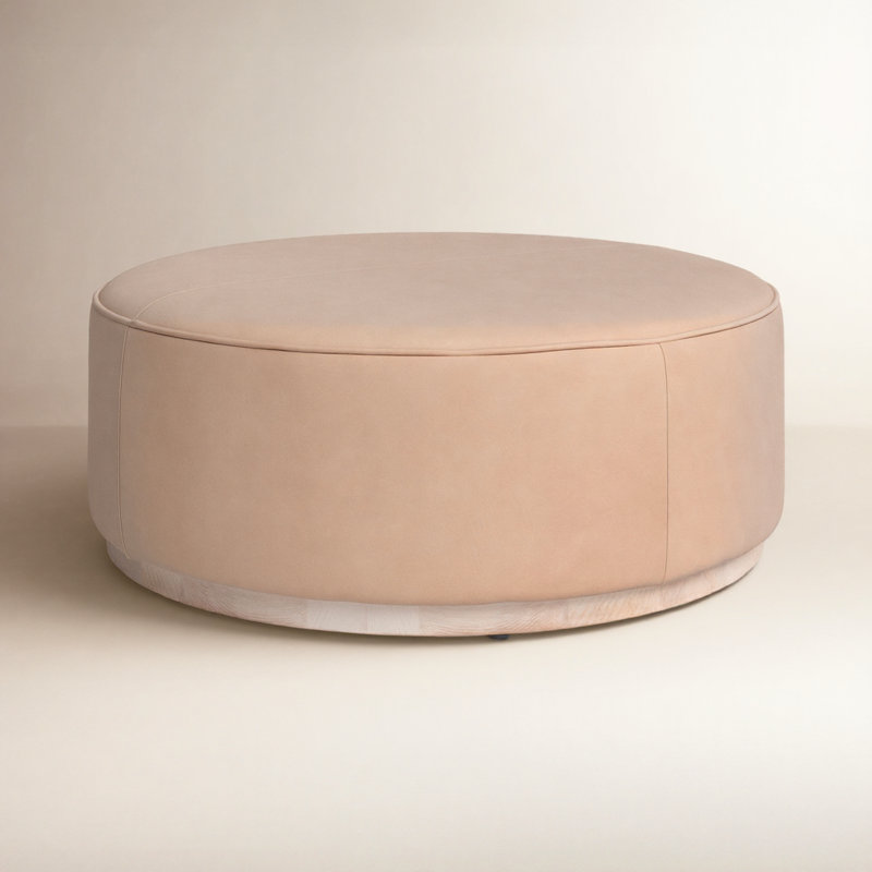 Sinclair Round Ottoman, Harness Burlap Faux leather, Natural Whitewash Ash