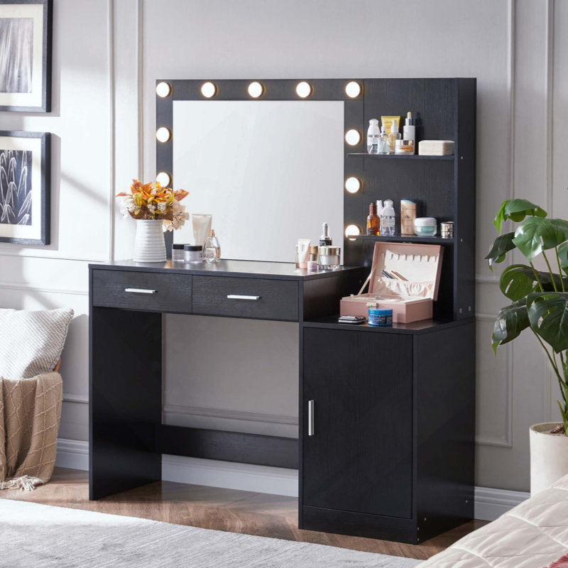 Vanity Desk With Mirror And Lights, 46.4IN Dressing Table With 2 Large Drawer&Large Vertical Organizer, 3 Level Dresser & 3 Lighting Modes Adjustable Brightness, Suitable For Bedroom