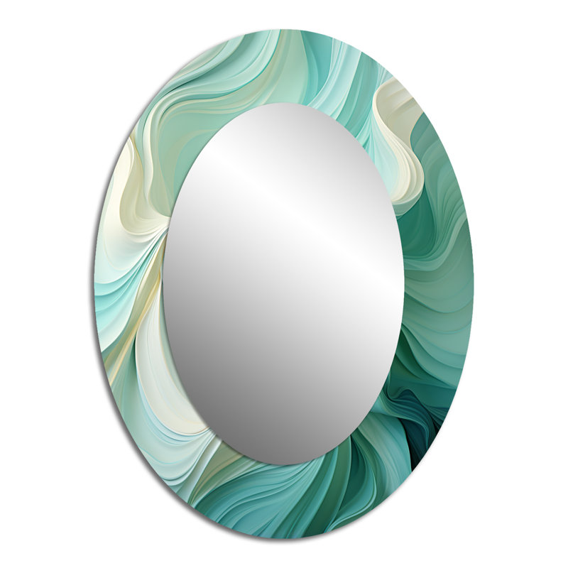 Gree And White Sway Wave Serenity II - Green Oval Wall Mirror Decor, 40" x 30"
