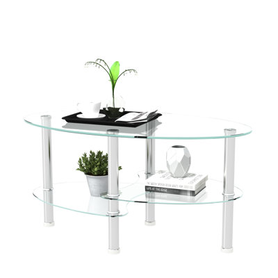 Oval Transparent Glass Coffee Table With Stainless Steel Leg - 3-layer For Living Room, Practical And Decorative Feature Support Ideal Room