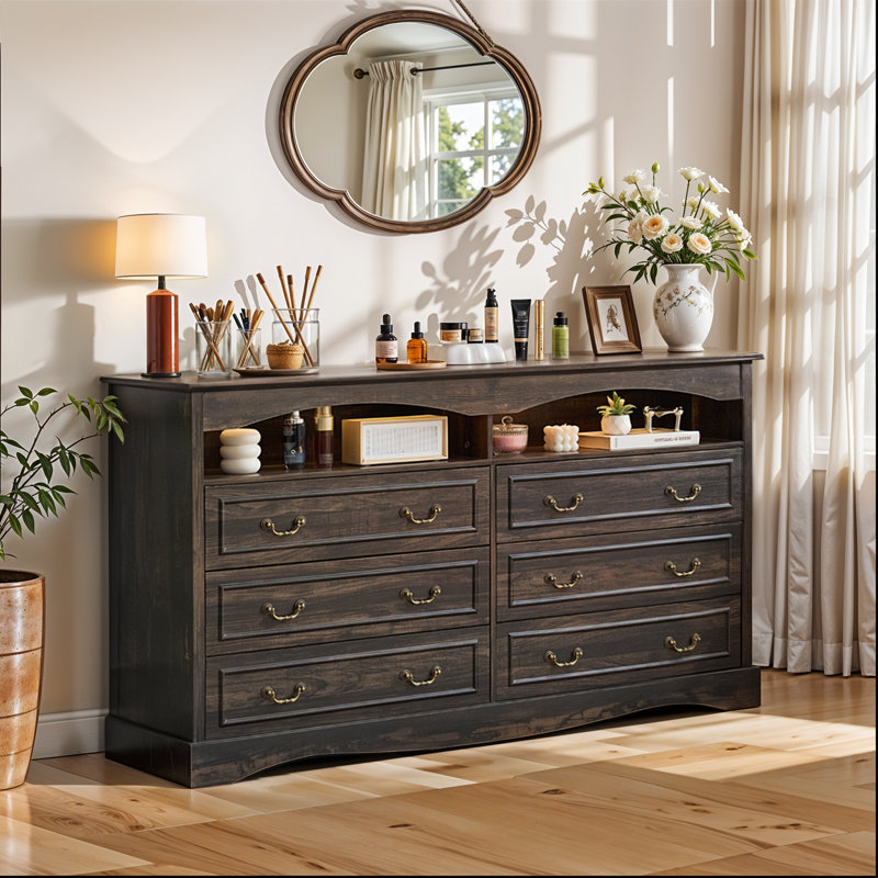 Commode à 6 tiroirs de 55,12 po de largeur, commode double large avec éclairage, commode de rangement en bois de style campagnard rétro, commode de style campagne française pour chambre à coucher, meuble télé pour salon