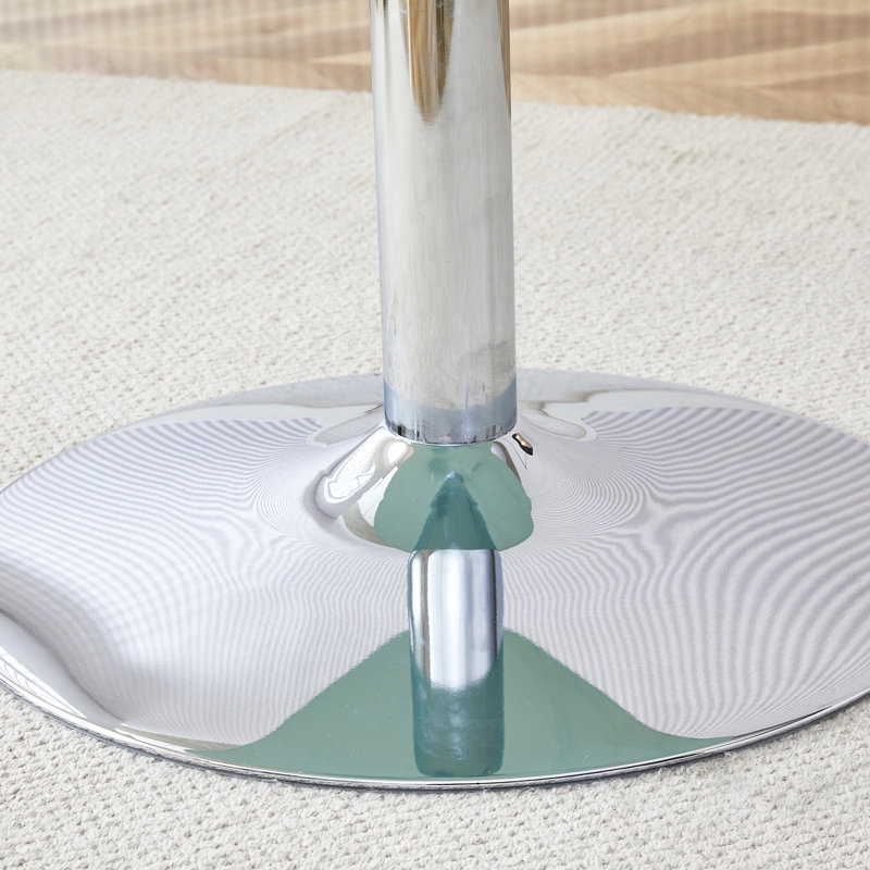 Table de conférence abordable abordable en verre blanc à motif de marbre rond de diamètre avec base en métal à une colonne argentée
