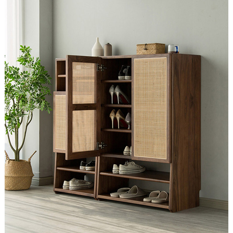 Large-capacity solid black walnut rattan shoe cabinet