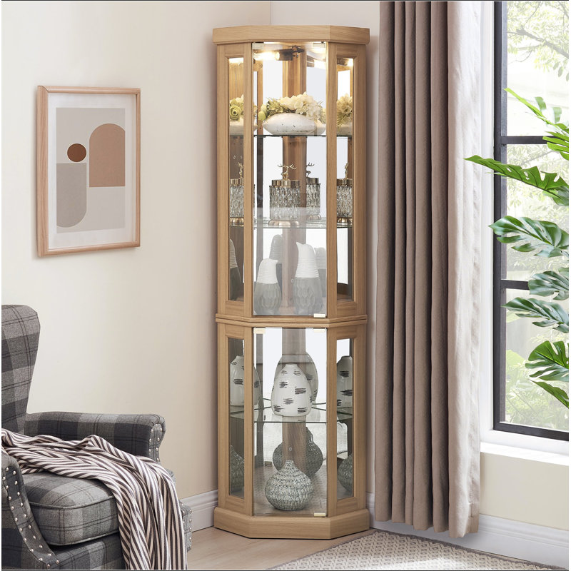 Vitrine de coin lumineuse - Vitrine de salon, objets de collection antiques, rangement pour verres à vin et à bar - Design élégant d'angle avec lumières incluses - chêne