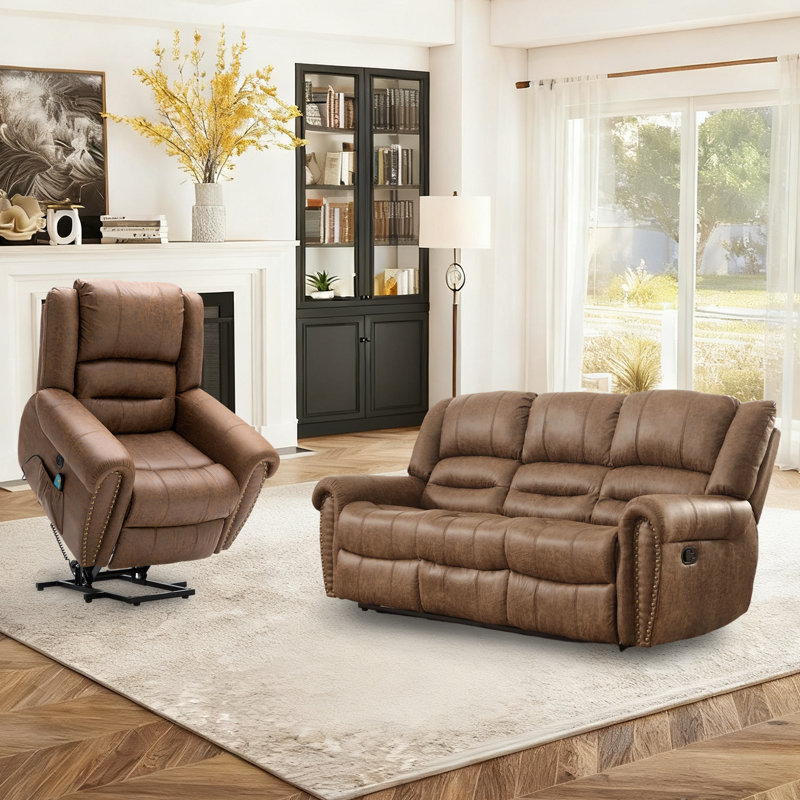 Ensemble de salon 2 pièces en cuir rétro et classique: fauteuil inclinable électrique + canapé inclinable manuel à 3 places