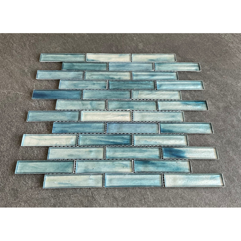 Iridescent 1" x 4" Brick Pattern Glass Mosaic Wall Tile, Cobolt Blue