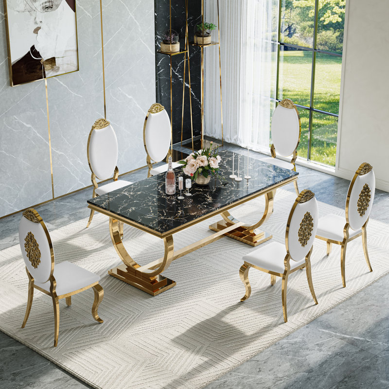  7 - Piece Dining Set, 7 Pieces: Table, 6 Chairs, Black/White/Gold