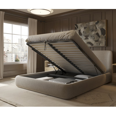 Lit plateforme tapissier avec mécanisme de rangement, tissu performant