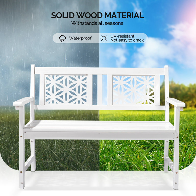 Banc de patio en bois massif blanc de 46 pouces avec dossier floral