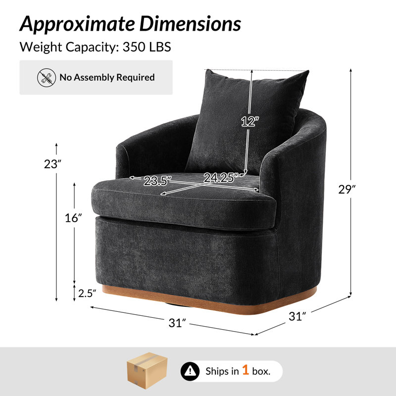 Fauteuil demi-tonneau pivotant en chenille moderne l 31 po Berklie avec accoudoirs uniques et pieds en bois massif, Noir