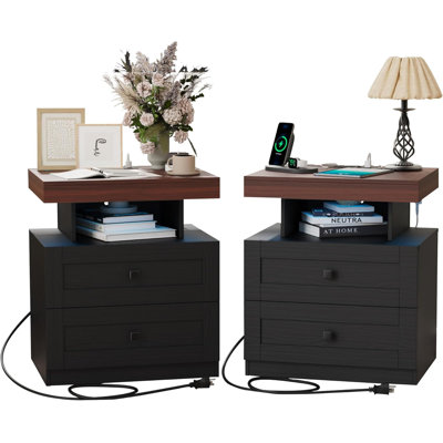 Farmhouse LED Nightstand Set Of 2, Bedroom Side Table With Charging Station, Rustic End Table With Drawers For Bedroom, Antique Black
