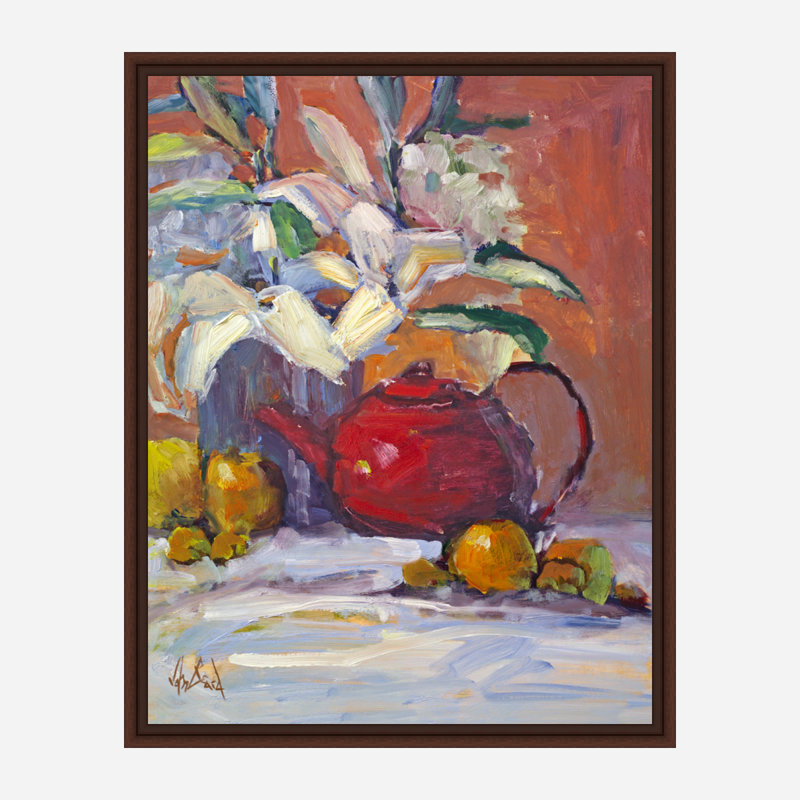 Red Tea Pot By John Beard - Framed Gallery Wrapped Canvas Print, Brown Floater Framed, 26" H x 22" W x 2" D
