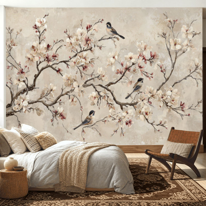 Adhésif mural pelez et collez L 100 po x l 144 po pour chambre à coucher - avec art mural cerisier en fleurs, impression rétro