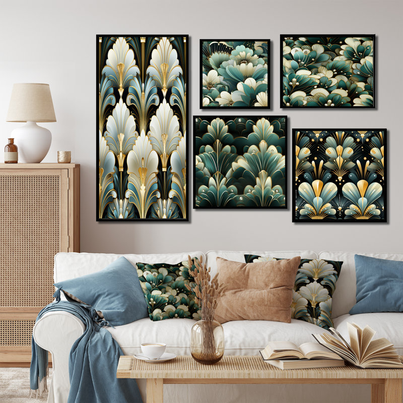 Damas doré et blanc, ensemble de 5 impressions sur toile damassées, Cadre flottant noir