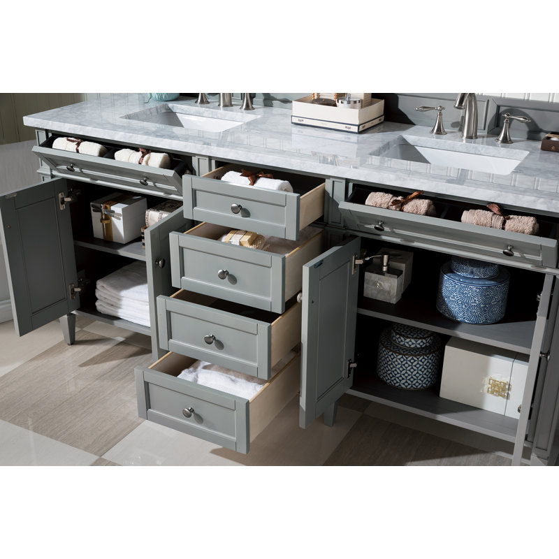 Meuble-lavabo double l 72 po Dussault, Gris urbain, Blanc de Carrare, 8 po