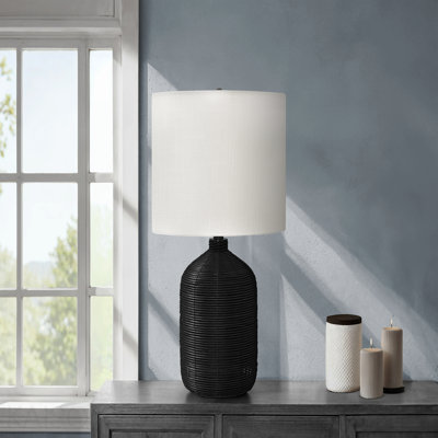 Lighting, H 23 po, lampe de table, rotin noir, abat-jour ivoire / crème, moderne
