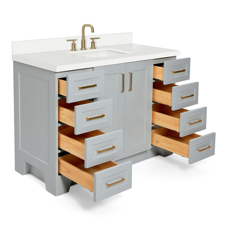 Freitas 48'' Solid Wood Single Bathroom Vanity, White, White Quartz, Oval
