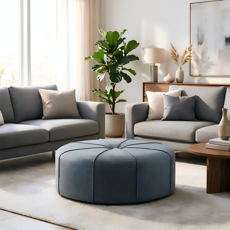 48.43" MEGA SIZE Oval Upholstered Ottoman, Large Cotton Linen Footrest Stool with Tufted Top, Slate Blue – Cool Calming Tone That Adds Depth and Sophistication to Modern Interiors