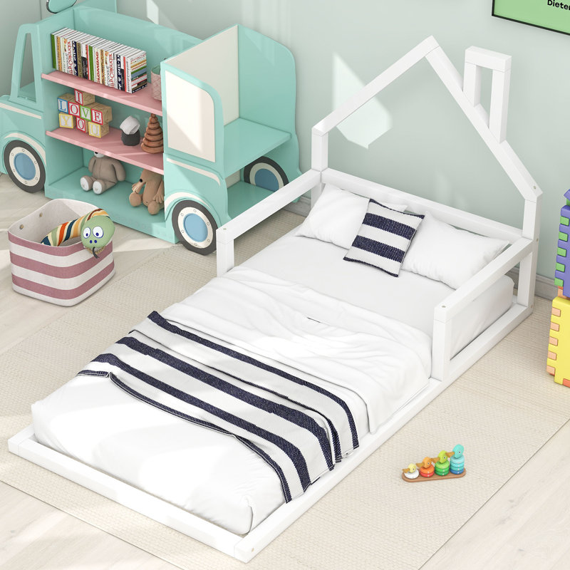 Wood Floor Bed With House-Shaped Headboard, White