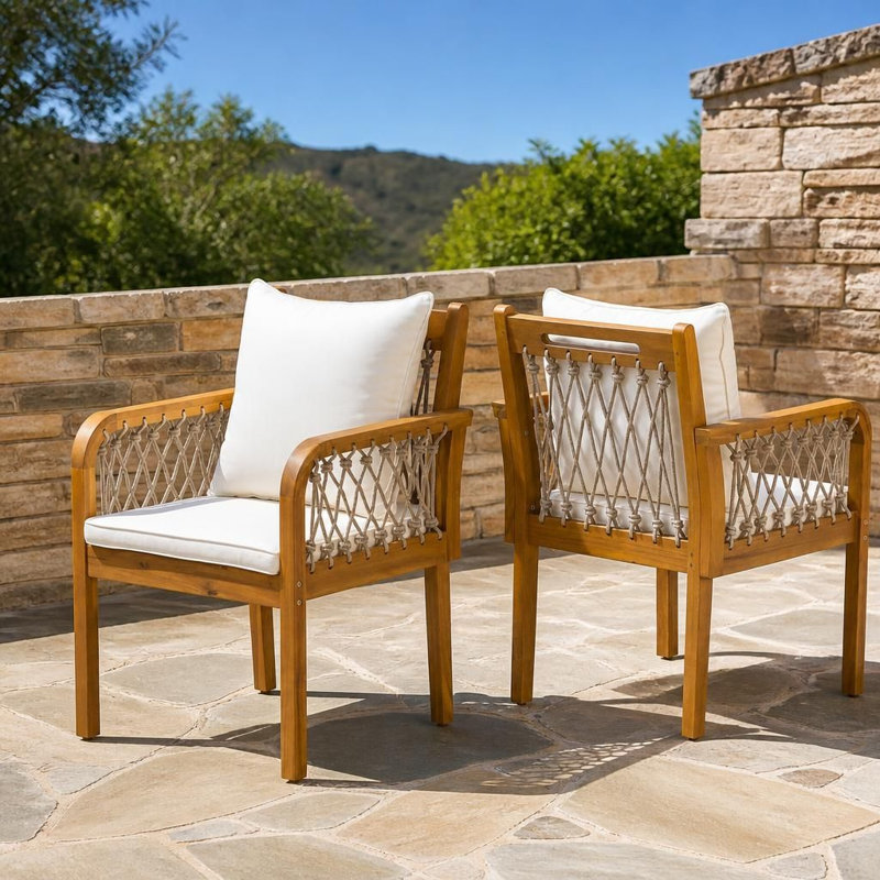Ensemble de 2 chaises d'extérieur en bois d'acacia de patio avec accoudoirs en corde tissée et coussins résistants aux intempéries, structure robuste à capacité de poids élevée, sièges ergonomiques et confortables