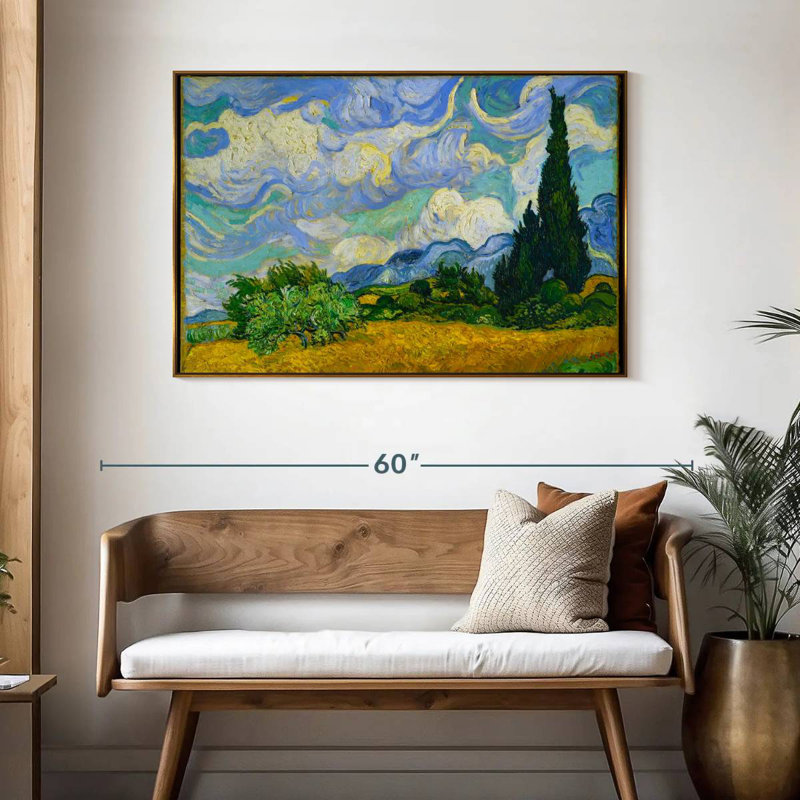Champ de blé avec cyprès, 46 po x 31 po, Cadre flottant doré
