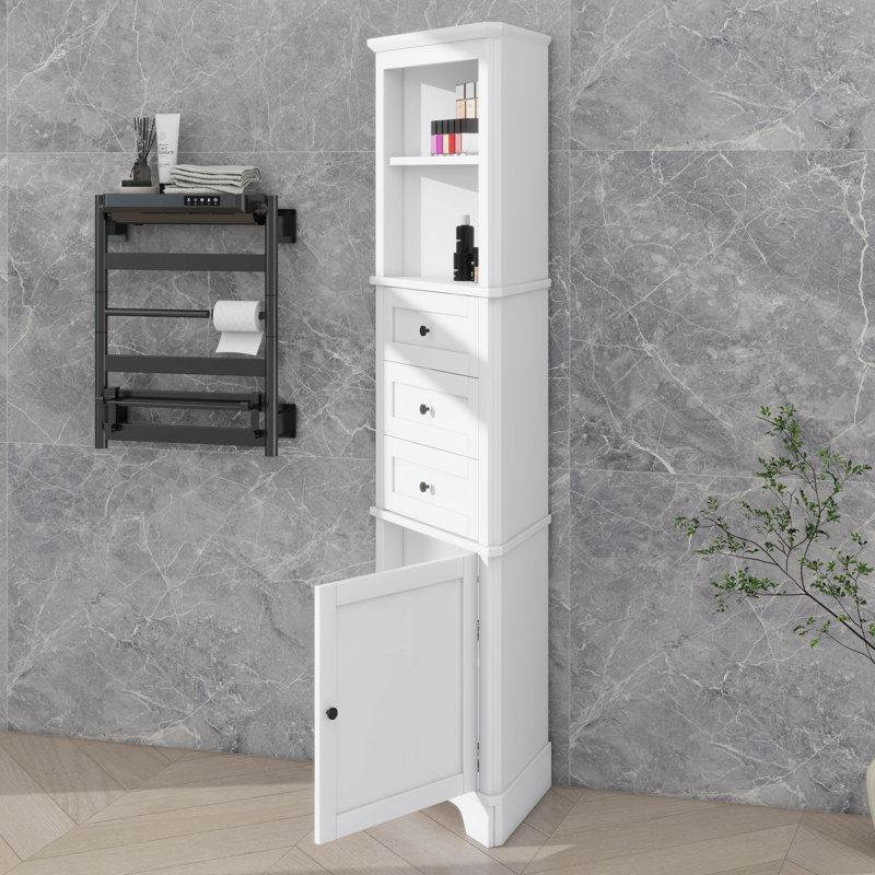 Tall Triangular Corner Cabinet With Triple Drawers And Customizable Shelves For Bathroom Kitchen, White