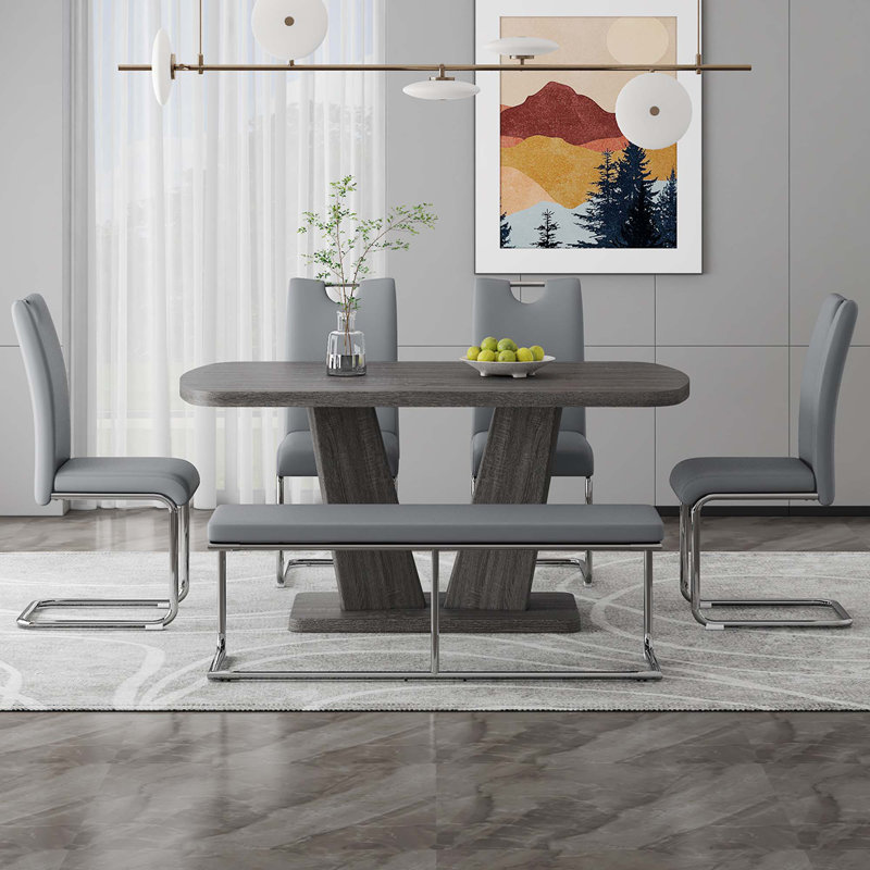 Ensemble de table de salle à manger pour 6,6 pièces, plateau de table et base en panneau de fibres à densité moyenne de conception moderne avec 4 chaises de salle à manger ergonomiques en cuir de polyuréthane et 1 banc