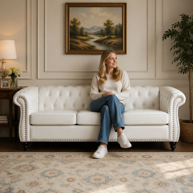 Canapé Chesterfield 84,65 po, Simili cuir blanc